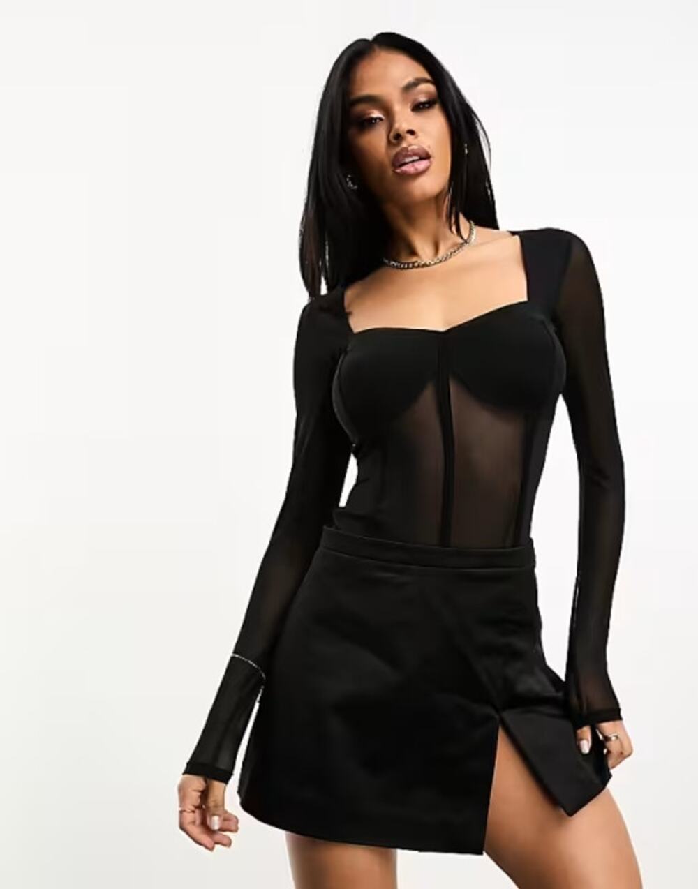 ASOS DESIGN Corset Style Sweetheart Neck Mesh Bodysuit Black Size 4